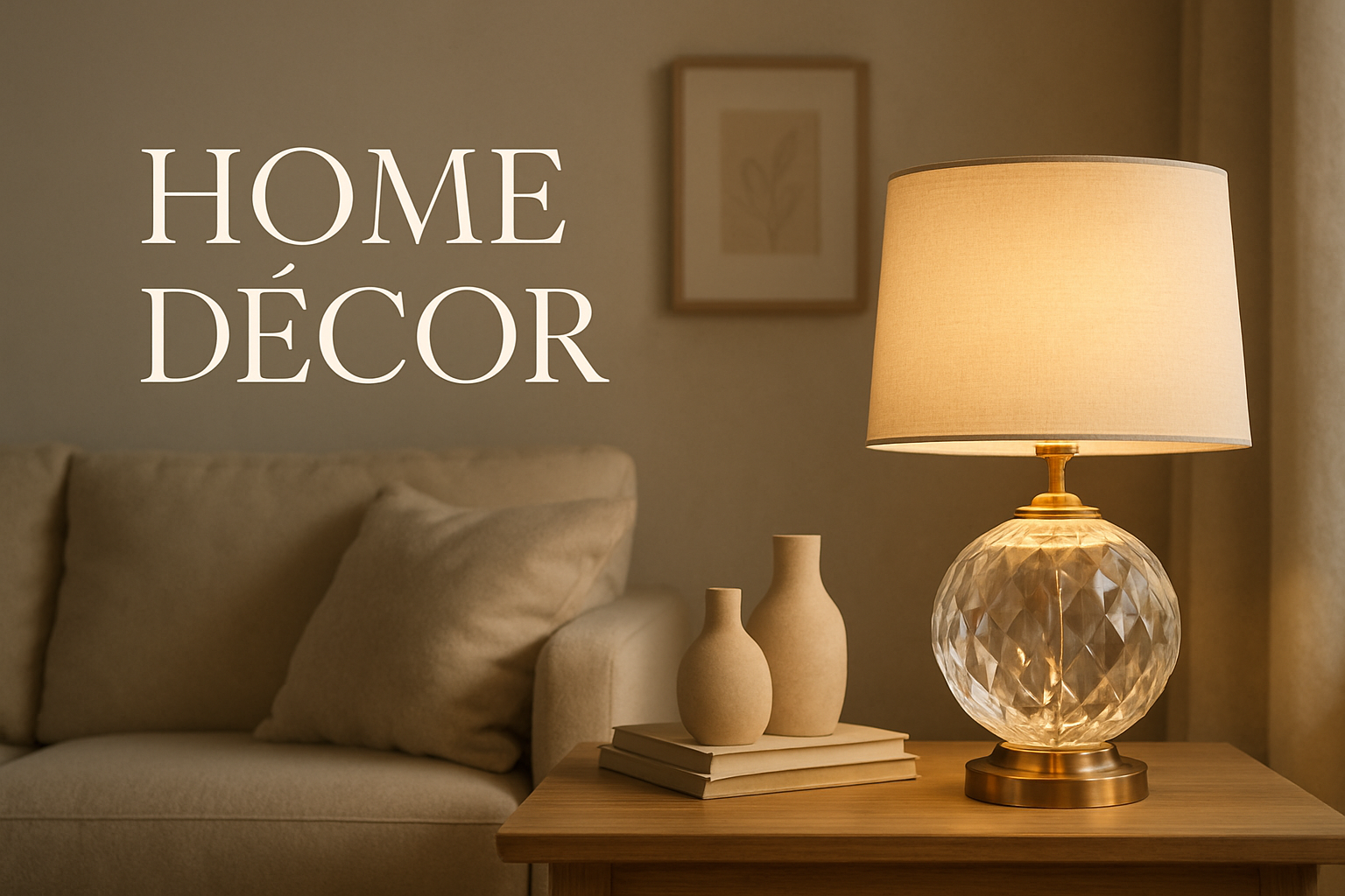 "High-quality home décor banner, size 800×900 px. A glowing crystal table lamp placed elegantly in the right corner of the image on a wooden side table. The lamp casts a warm golden glow. The background shows a cozy, modern living room in soft pastel and beige tones with boho-chic accents, minimalistic vases, books, and subtle wall art. The composition leaves open space on the left for text overlay. Ultra realistic, soft cinematic lighting, aesthetic magazine-style photography."